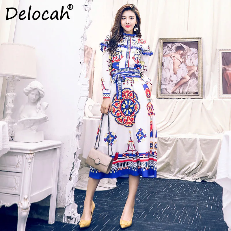 Delocah женский весенне-летний костюм, подиум, модный дизайн, длинный рукав, великолепные оборки, тонкое пальто+ винтажная юбка с принтом, женские костюмы