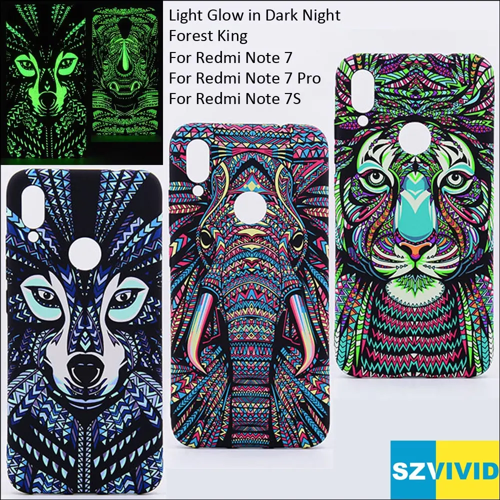 

Light Glow in Dark Night Luminous Case For Xiaomi Redmi Note 7 Pro 7S Tiger Elephant Lion Wolf Protector Cover Shell