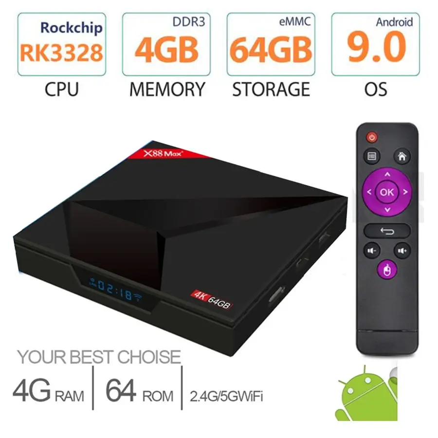 HAOSIHD android ТВ приставка Смарт ТВ приставка android 9,0x88 max plus rk3328 4 Гб 64 Гб 2,4G/5G Wifi BT 4,1 type-c android ТВ приставка