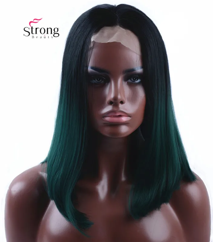 StrongBeauty синтетический парик на кружеве назад к зеленым бирюзовым бесклеевым Омбре Тон Цвет короткий боб волосы парики термостойкие - Цвет: Black  Ombre Green