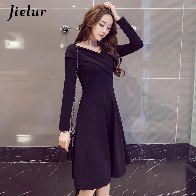 Jielur Color sólido vestidos de hombro S-XXL Rojo Negro otoño Vestido de manga larga rojo negro elegante Sexy Ropa Mujer dropship Jielur Color sólido vestidos de hombro S-XXL Rojo Negro otoño Vestido de manga larga rojo negro elegante Sexy Ropa Mujer dropship