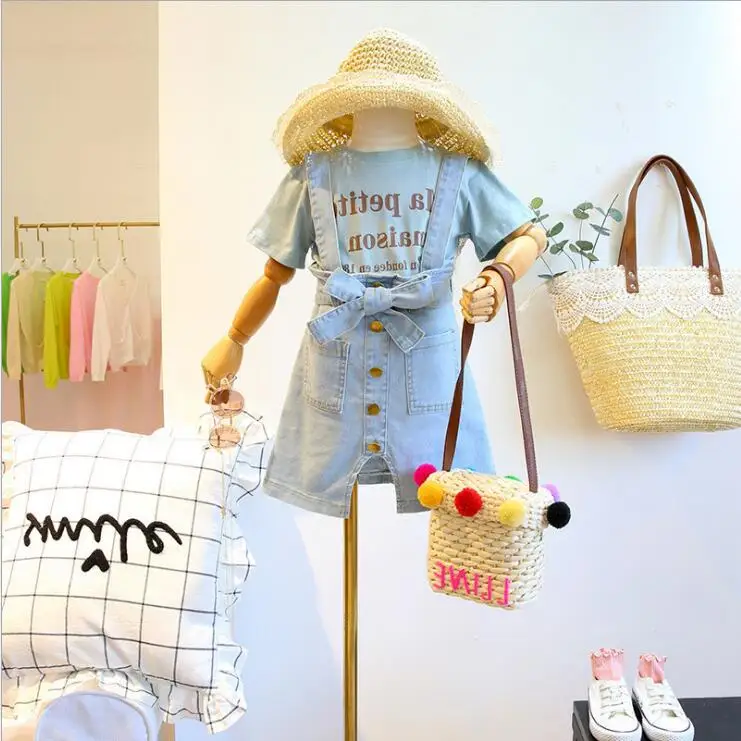 

2019 Korean style girls 2 pcs set t-shirt+denim skirt fashion summer girls suit 3-8t B847