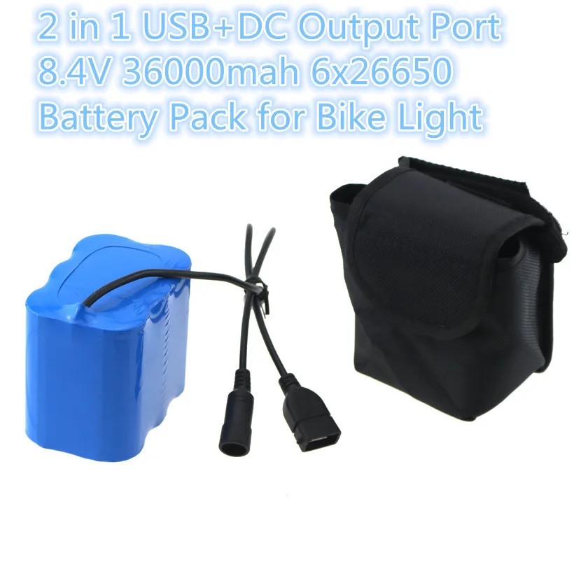 Excellent 8.4V USB+DC Ports 26650 36000mAh Rechargeable Battery Pack 6x26650 Bicycle Light Power For LED Bike headlamp With EU Charger 1