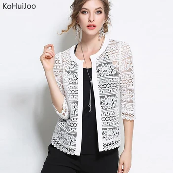 

KoHuiJoo Summer Lace Cardigan Women Hollow Out Tops O Neck Ladies Lace Cardigans 3/4 Sleeve Plus Size Lace Jacket 4XL 5XL