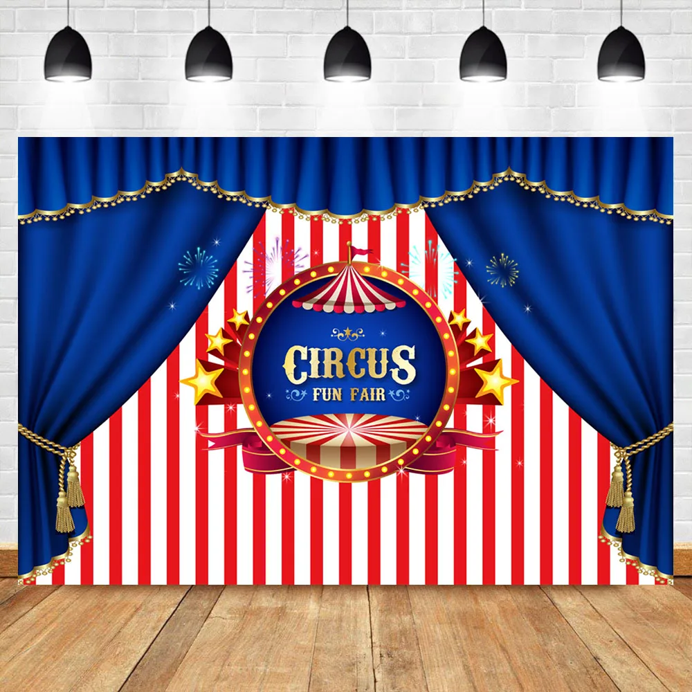 

Circus Backdrop Child Birthday Party Banner Photography Backgrounds Blue Curtain Red White Stripes Booth Backdrop Photo Studio