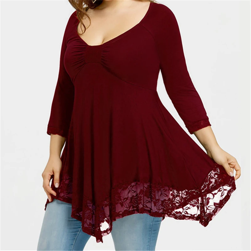  Plus Size Women Tops Lace Trim Empire Waist Handkerchief T-shirts Three Quarter Asymmetrical Spring