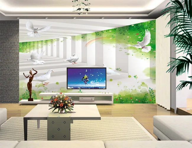 

Flowers and green leaves pigeons corridor 3D TV background wallpaper murals living room bedroom study paper wallpaper