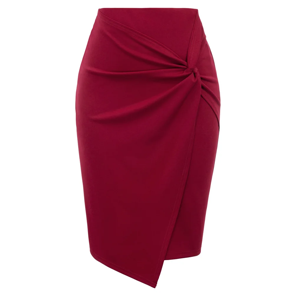 KK Женская деловая юбка асимметричная обертка передняя эластичная облегающая юбка-карандаш - Цвет: Wine