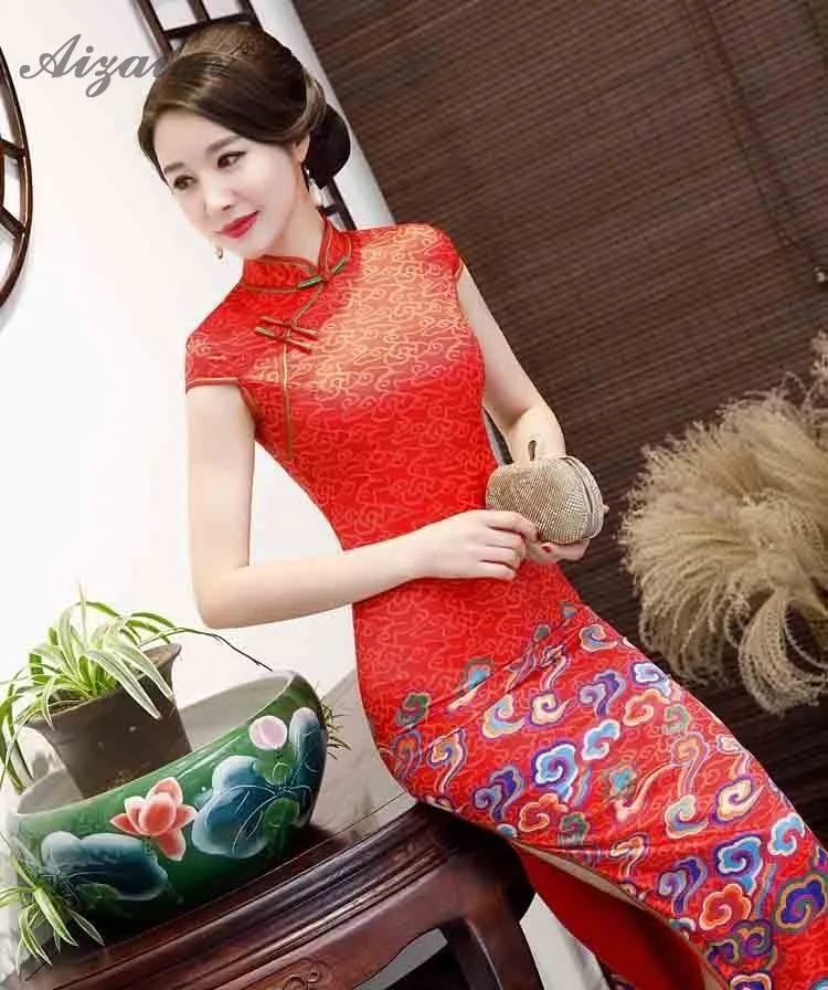 2019 Новые Красные Длинные Cheongsam современный похожие Шелковый Ци Пао Для женщин китайское традиционное платье Oriental Стиль высокое платье