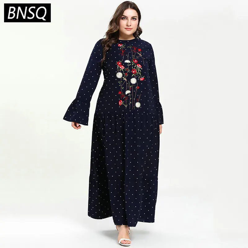 BNSQ темно-синее длинное платье макси для женщин с цветочной вышивкой в горошек