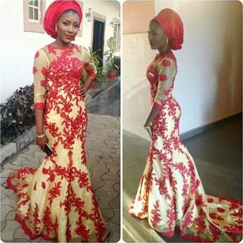Dubaï arabe sirène africaine robes de soirée 2016 manches longues rouge dentelle formelle robe de soirée