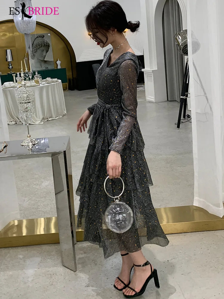 Deep Grey Evening Dresses Long Sleeve Elegant Evening Dress Arabic Special Occasion Dress Party Student Formal Dresses ES2562 Deep Grey Evening Dresses Long Sleeve Elegant Evening Dress Arabic Special Occasion Dress Party Student Formal Dresses ES2562