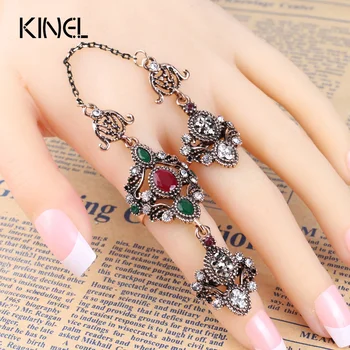 

2017 New Adjustable Turkish Two Finger Rings For Party Women Red Resin Hollow Out Flower Design Vintage Ring Anel Jewelry