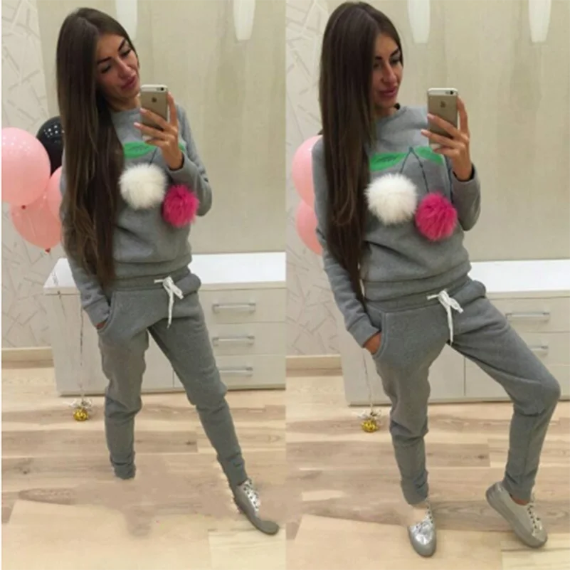 

3D Cherry Print 2 Two Piece Set Top and Pants Women Drawstring Tracksuit Long Sleeves Kawaii Sweatshirt Female Suit Hoodies