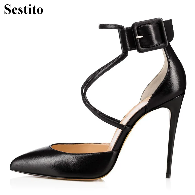 

New Sweet Cross-tied Black Pointed Toe High Heels Party Women Pumps Super High Thin Heels Buckle Strap Women Shoes Spring/Autumn