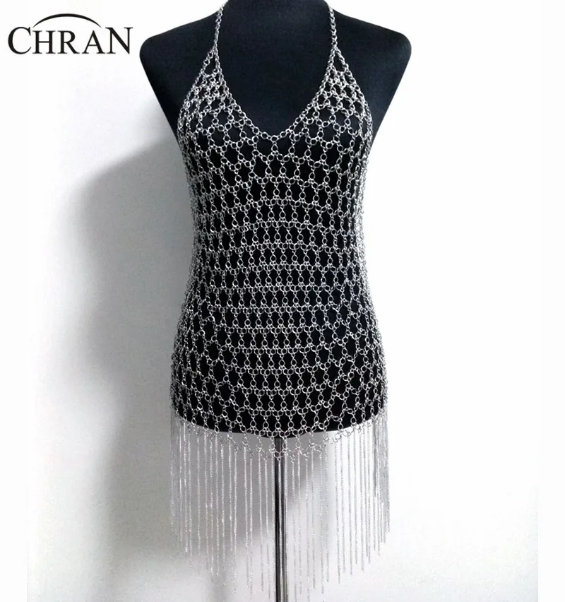 

Chran New Mesh Metal Sexy Dress Decor Beach Chain Bra Gold Silver Harness Extra Dress Slave Halter Necklace Exotic Jewelry BC453