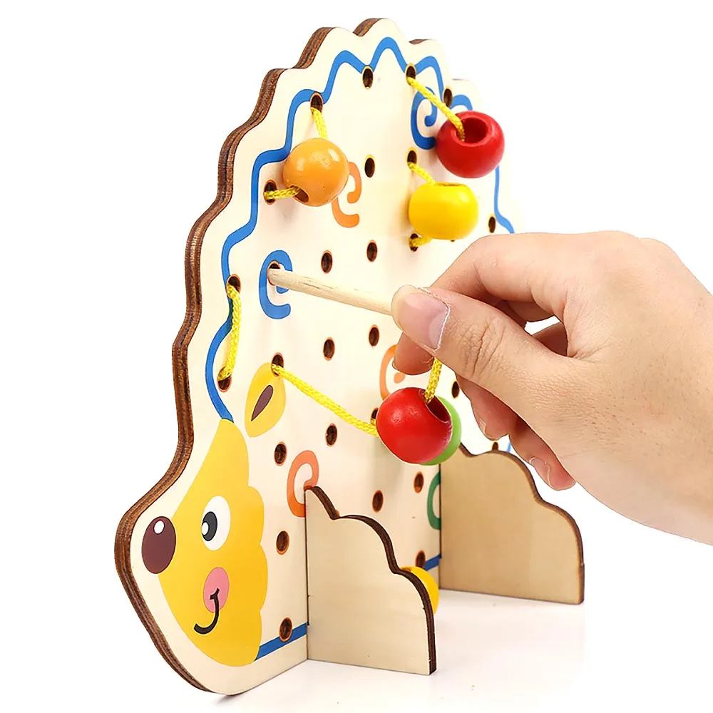 1 Set Creative Useful Wood Hedgehog Fruit Vegetable Beads Building Thread Toy for Kids