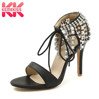 

KemeKiss Size 32-46 Women High Heel Sandals Lace Up Rhinestones Open Toe Women Sandals Fashion Ornate Shoes Dress Footwear