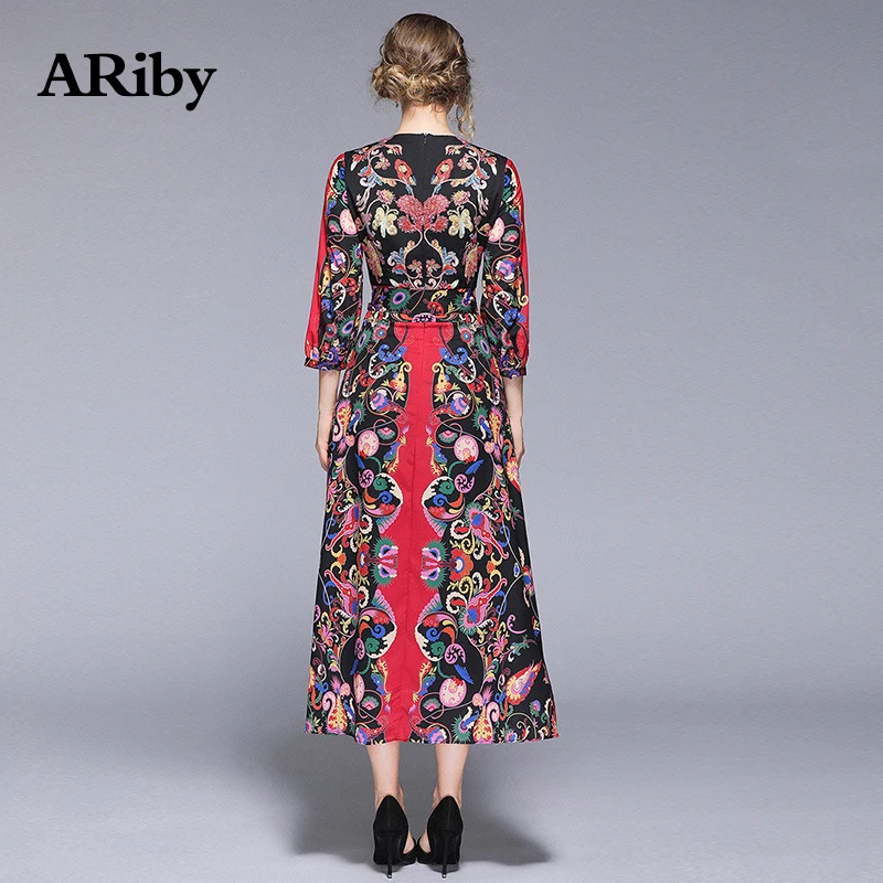 Women Dress 2019 Spring and Summer New High-end Lady Temperament Retro Printed Dress V Collar Bubble Sleeve Long A-Line Dresses