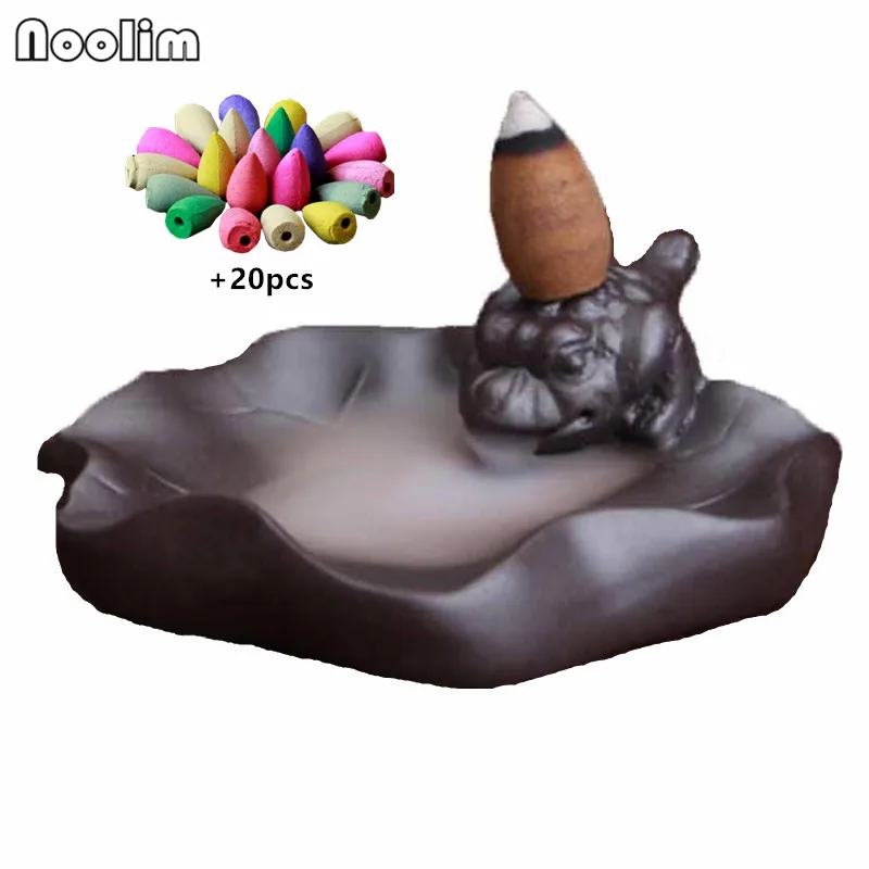 

Purple Clay Animal Shape Backflow Incense Burner Gold Toad Smoke Waterfall Incense Holder Censer Home Decor + 20pcs Free Cones