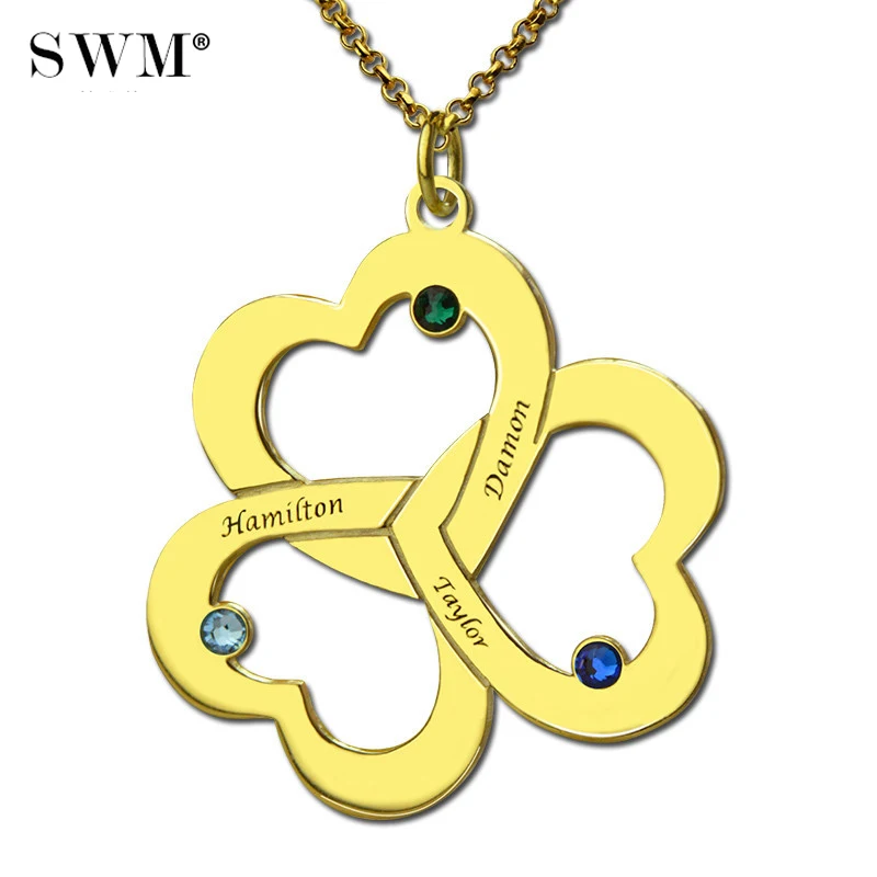 

Costume Colar Gold Color Name Necklaces Women's Trinket Flower Necklace Birth Stone Chain Triple Love Heart Pendants Suspensions