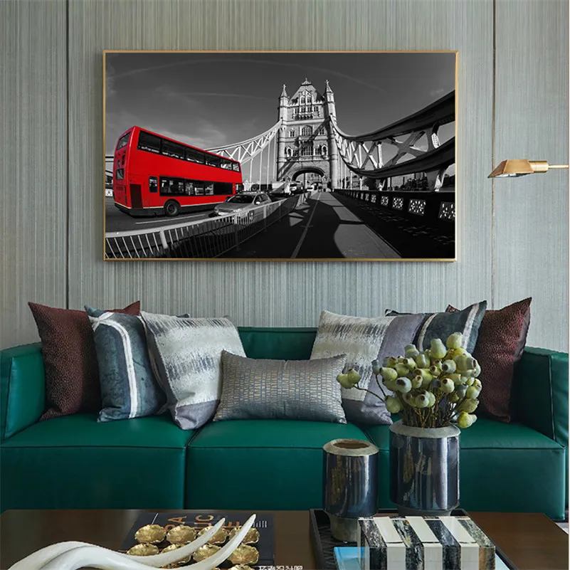 

Wall Decor London Street Canvas Print Wall Art Picture Cityscape Poster Black and White Big Ben Red Bus Painting Home Decor