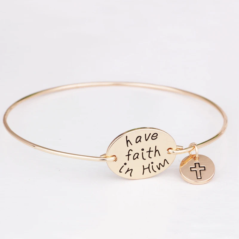 

New Arrival "have faith in Him" Bangle Gold Color Inspirational Words Bangles Bracelet Pulsera For Men and Women YP2645