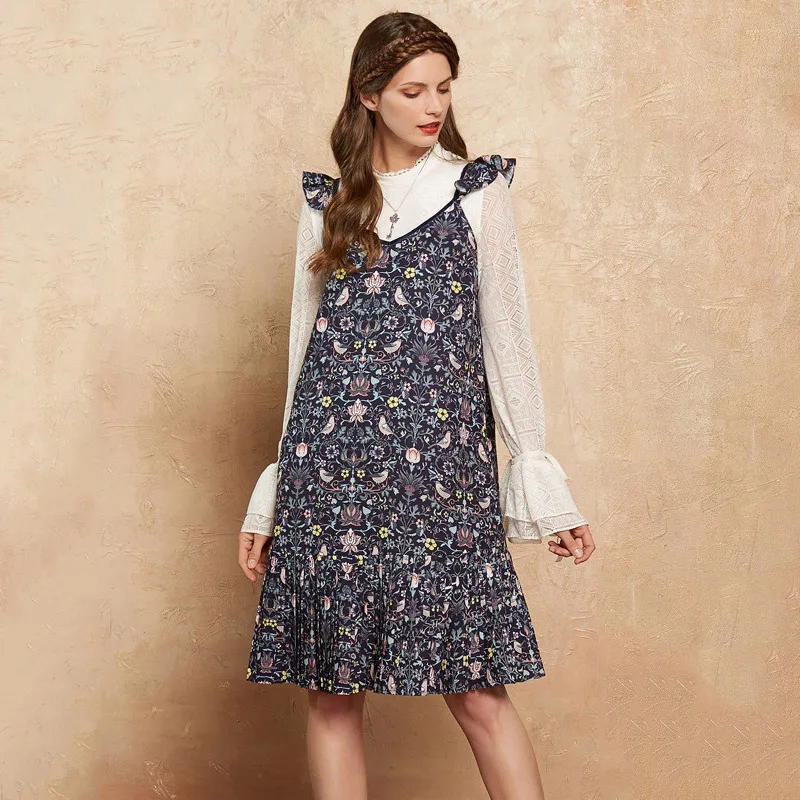 

CLEARANCE ARTKA 2018 Autumn New Women Pleated Small Ruffle A-line RetroDoted Print All-match Sleeveless Dress LA10176Q