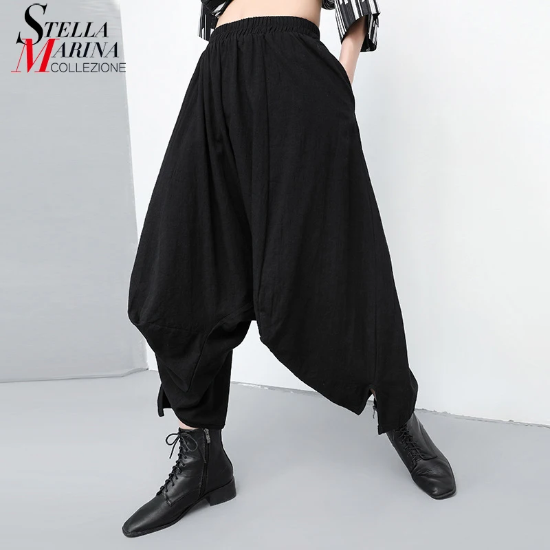 

2019 Korean Style Women Long Solid Black Harem Pants Elastic Waist Hollow Cuff Design Female Casual Streestwear Cross-Pants J519