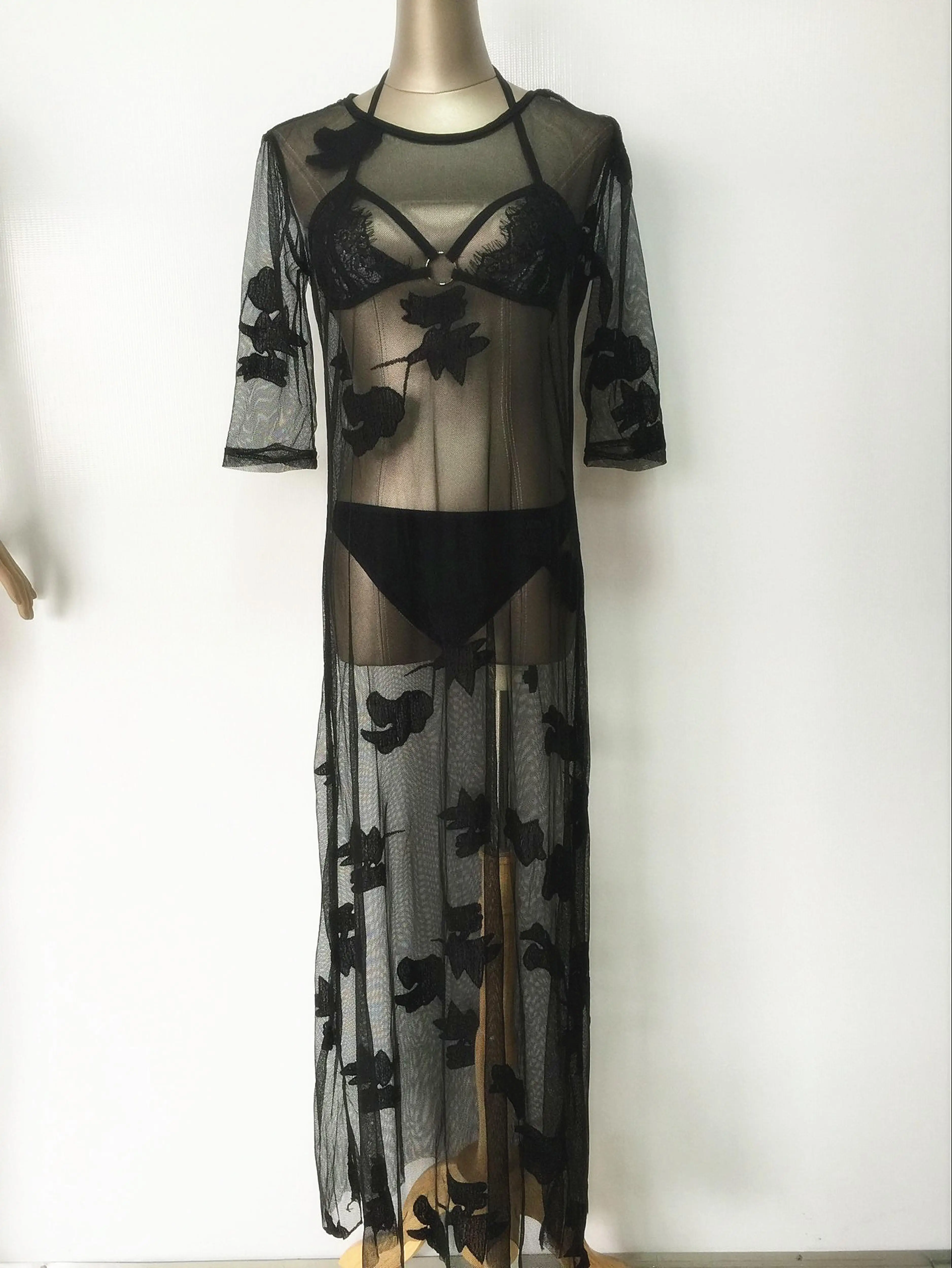 Черное платье с круглым вырезом 3/4 с длинными рукавами тонкий кружевной женское платье сексуальное бикини длинные пляжные платья для ночной жизни