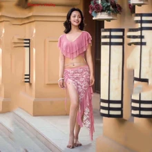 Женский костюм для танца живота с короткими рукавами+ длинная юбка с разрезом 2 шт. Набор для танцевальных костюмов Lady Performance