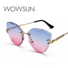 WOWSUN, брендовые, модные, без оправы, кошачий глаз, форма, женские солнцезащитные очки, PC линзы, сплав, очки, lLegs, UV400, A506