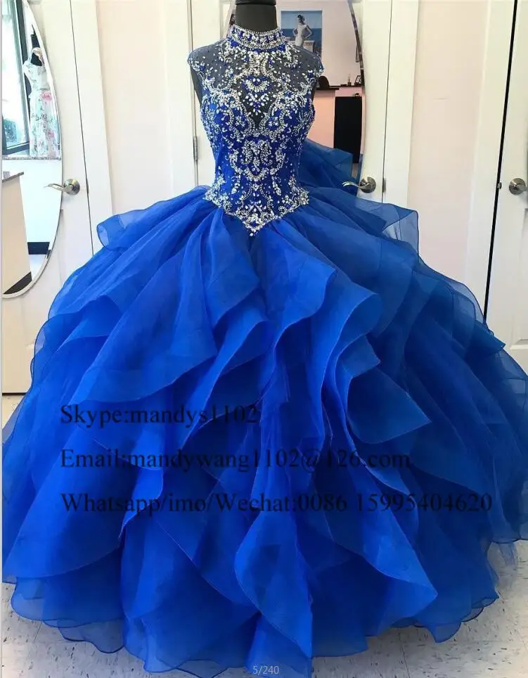Ярко-Синий Тюль Пышное Платье красные бусины Кристалл каскадных бальное платье с оборками Сладкий 16 выпускное платье vestidos De 15 Anos - Цвет: royal blue