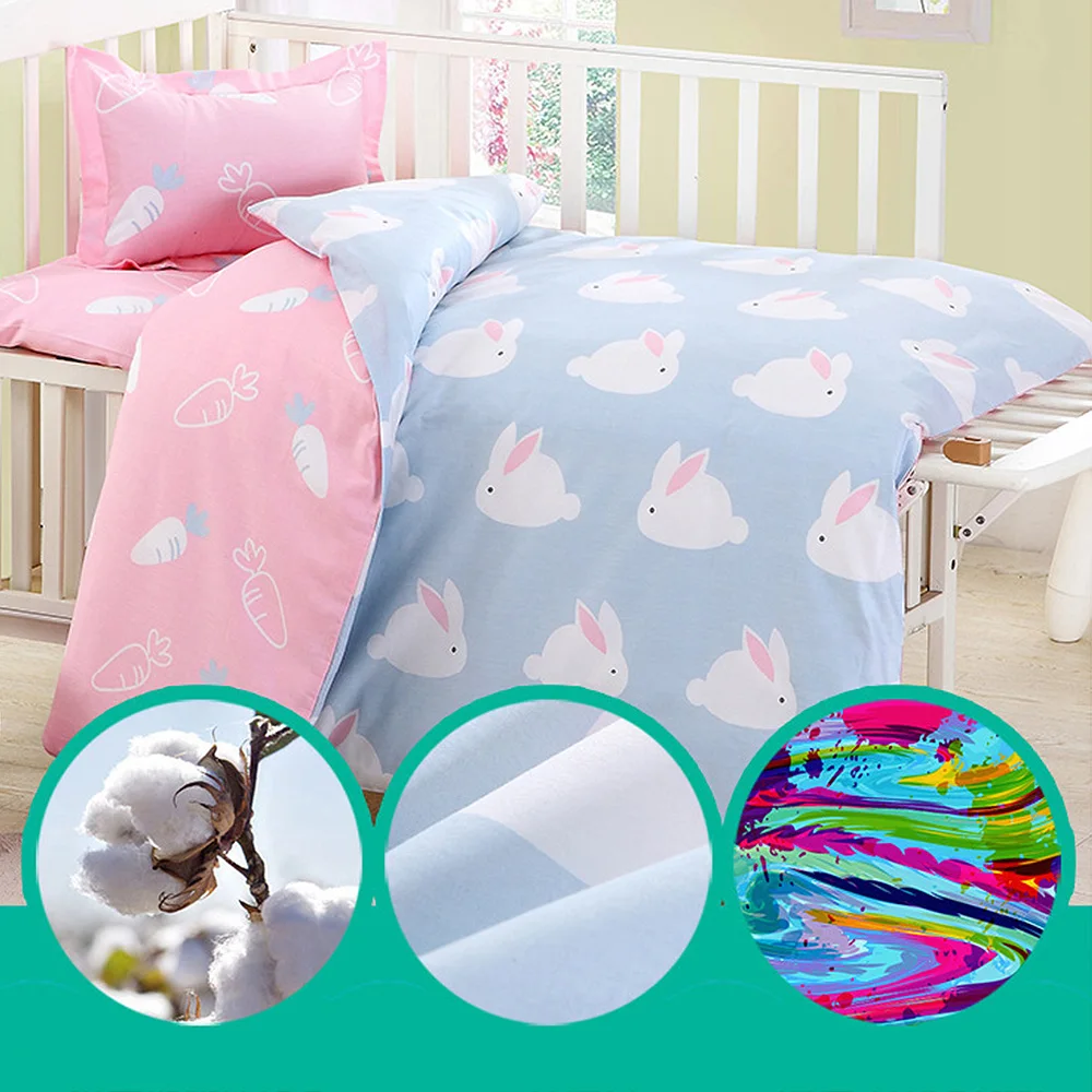 3Pcs Cotton Crib Bed Linen Kit For Boy Girl Cartoon Baby Bedding Set Pillowcase + Bed Sheet + Duvet Cover (Without Filler)