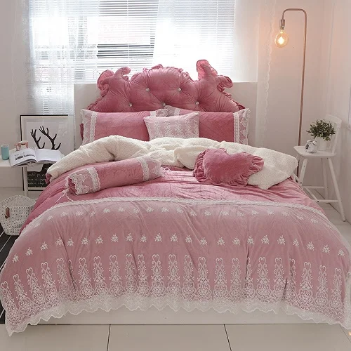 Blue Pink Purple Soft Berber Fleece Princess Girl White Lace Bedding Set Fleece Fabric Duvet Cover Bed sheet/Linen Pillowcases - Цвет: 2