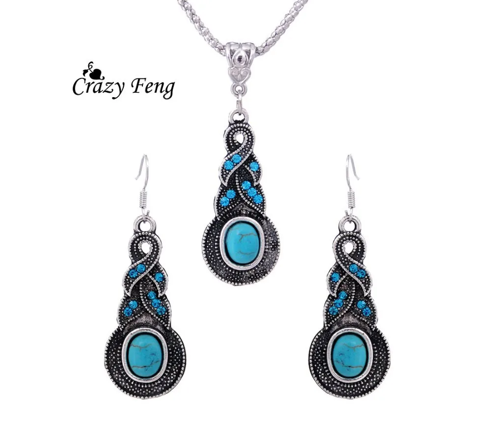 

fashion silver-color resin stone dangle drop earrings and crystal pendant necklace retro jewelry sets for women wedding party