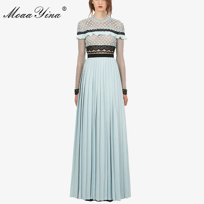 

MoaaYina Fashion Designer Runway Dress Autumn Women Long sleeve Lace Hollow Out Ruffles Spliced Casual Party Elegant Slim Dress