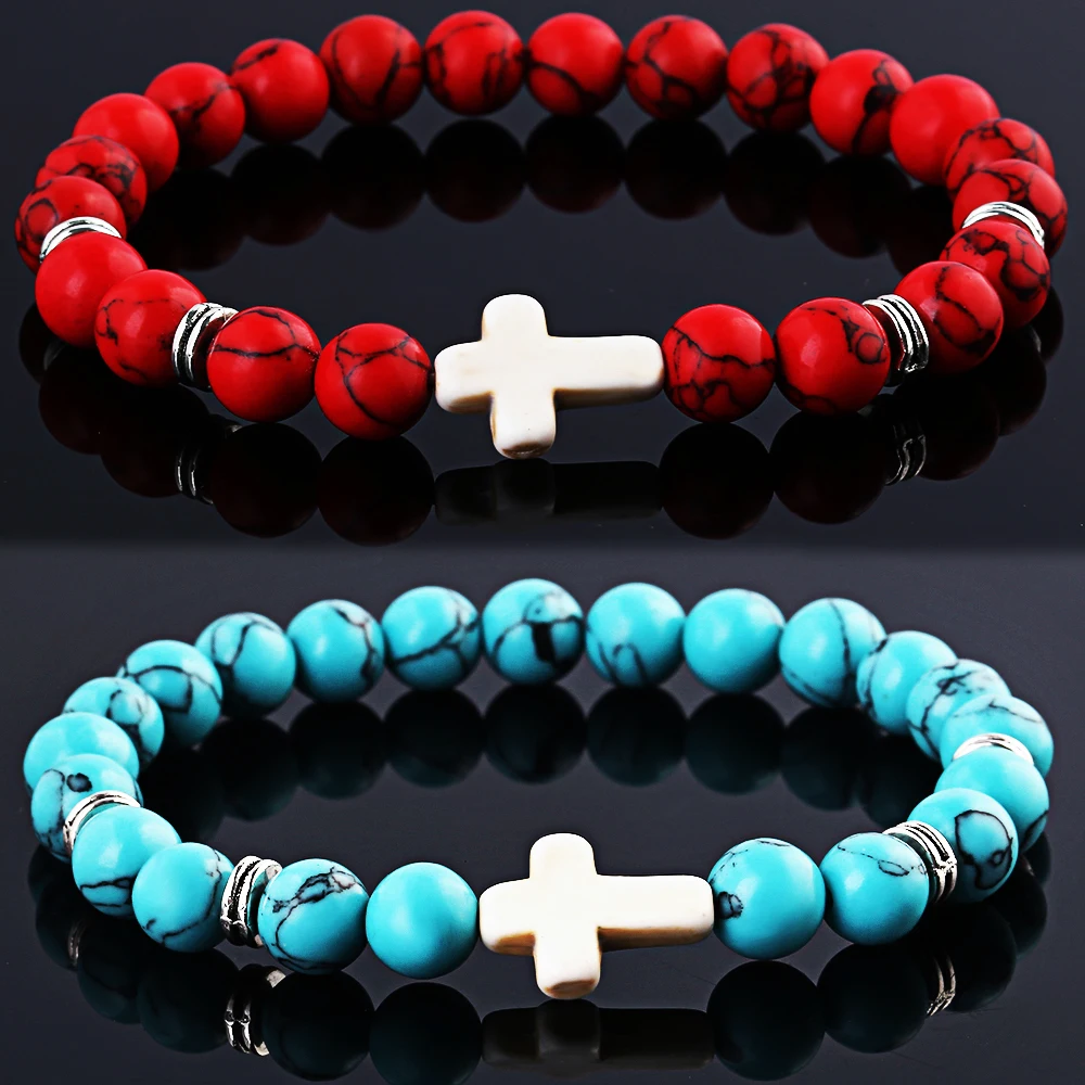 9mm Fashion Natural Stone White Cross Beaded Stretch Bracelet Men's