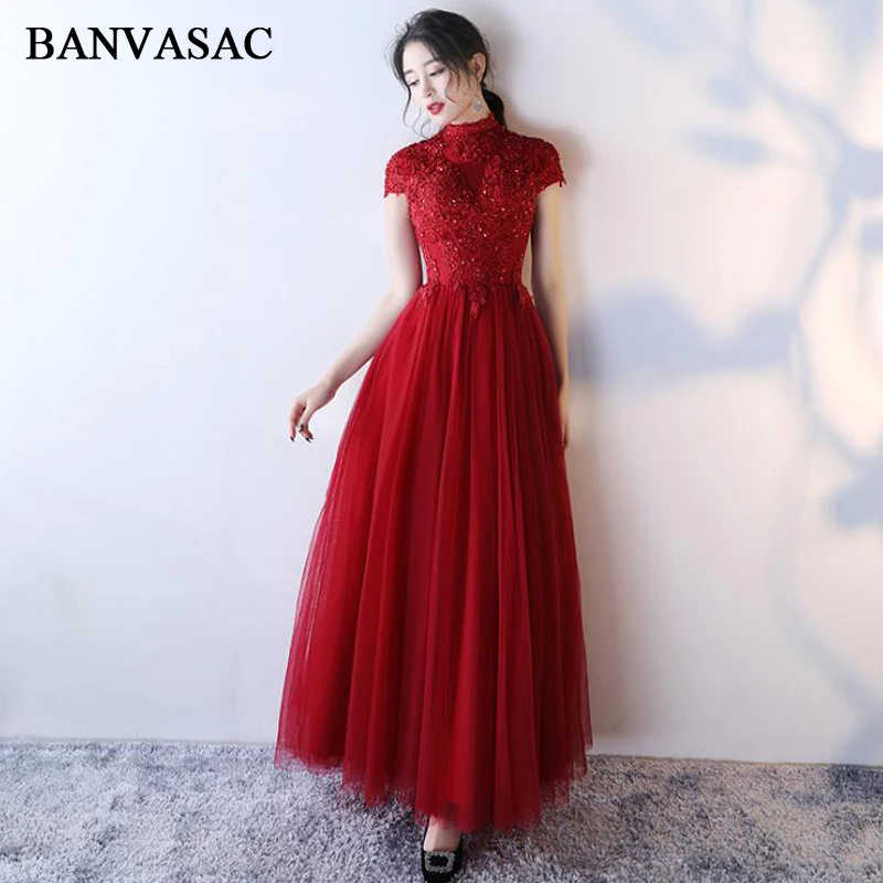 

BANVASAC 2018 Sequined High Neck Lace Appliques Long Evening Dresses Vintage Party A Line Short Sleeve Prom Gowns