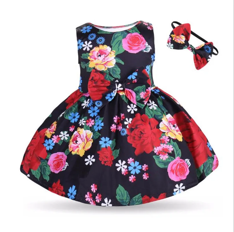 

2019 Newborn Baby Girl Vintage Dress Summer Casual Clothing Cotton Bow Hair Band Sleeveless Floral Dress Vacation Beach Dress 1Y