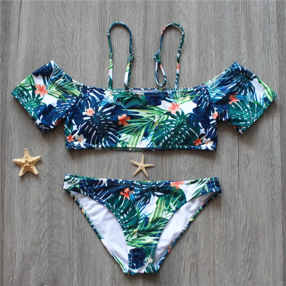 

Bathers Sexy Bikini Womens 2018 Leaf Swimsuit Push-Up Bikini Set Off Shoulder Swimwear Female Printed Bathing Suit May Beachwear