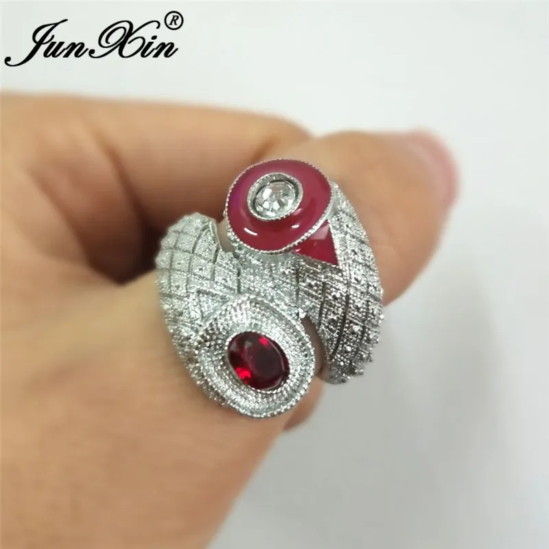 JUNXIN Luxury Red Stone Wedding Rings For Women Men Antique 925 Silver Filled Square Zircon Big Finger Ring Male Female Jewelry