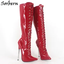 Sorbern/пикантные модные экзотический Фетиш на высоком каблуке 18 см; Модные эластичные сапоги до колена на тонком металлическом каблуке со шнуровкой на одной подошве