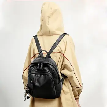 

Vintage Women Soft PU Leather Double Zipper Backpacks Casual Travels Bags Female Retro School Bag Bear Pendant Mochila Feminina