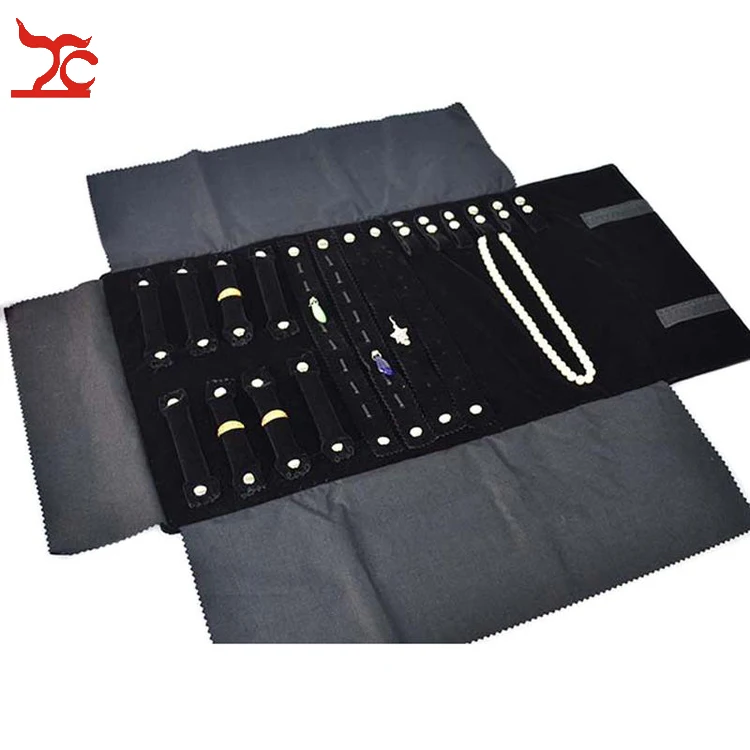 Black Velvet Jewelry Display Set Travel Roll Bag Earrings Ring Pendant Necklace Bracelet Chain Storage Organizer