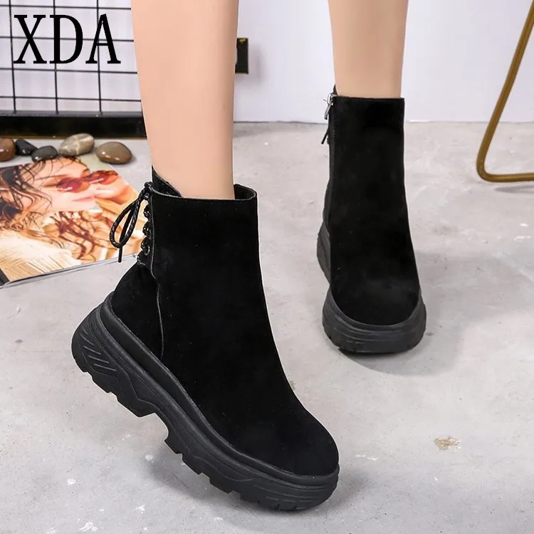 

XDA Fashion Retro Ankle Boots 2018 Autumn Winter boots New Round Toe Lace-up Shoes Black Ladies Thick Heels Martin Boots F477