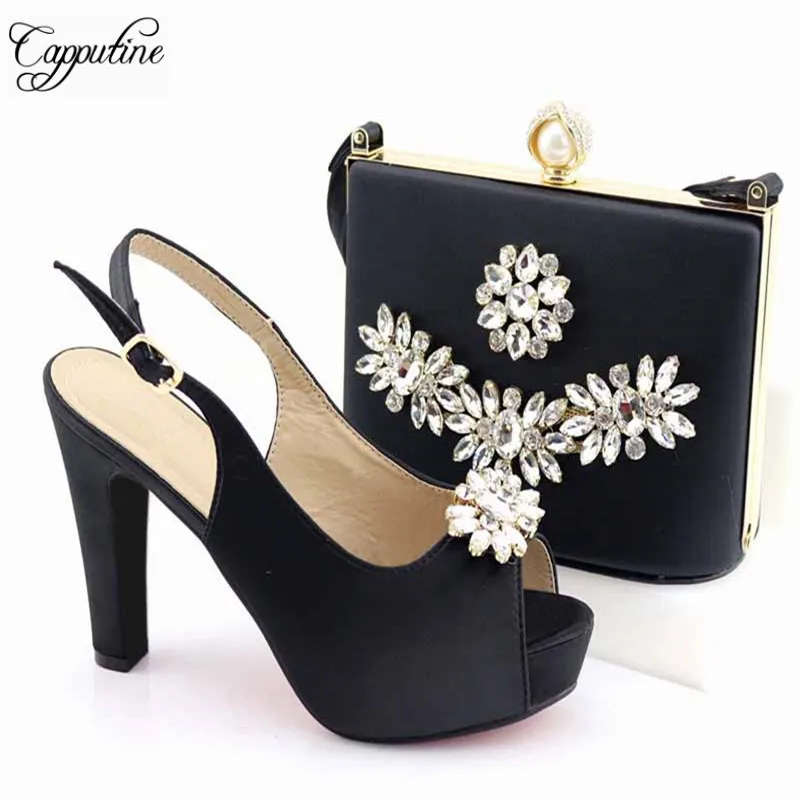 Capputine 2019 New Italian Rhinestone Woman Shoes And Bag To Match Set Nigerian Style High Heels Shoes And Bag Set For Party