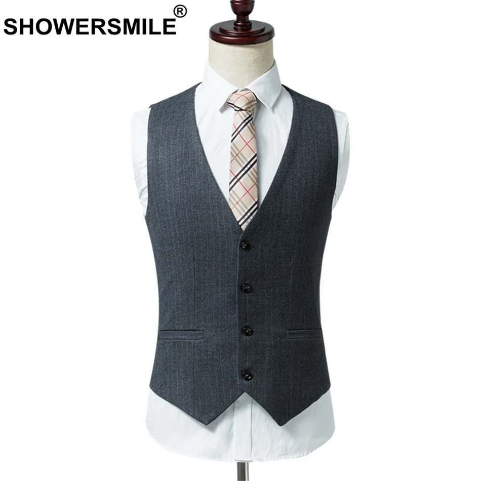 

SHOWERSMILE Grey Mens Suit Vest Slim Fit Striped Plus Size Men Sleeveless Jacket Formal Gilet Spring Bussiness Waistcoat Male