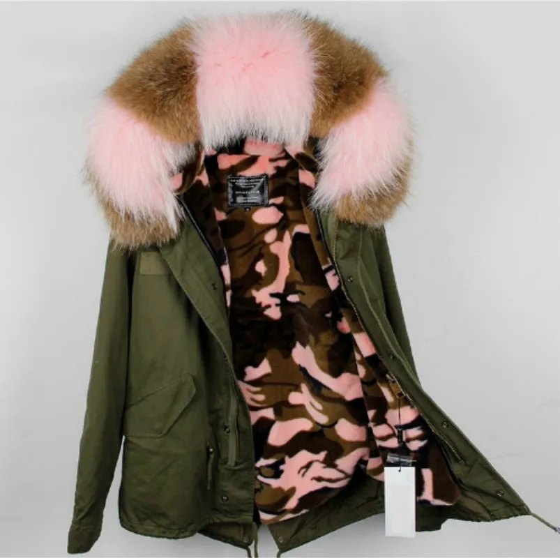 

maomaokong 2018 New Pike brand real raccoon fur collar Faux fur Liner short women's winter coat