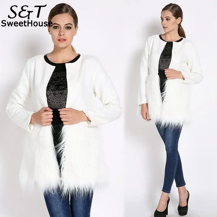 Fanala/пальто с мехом, теплое манто, Женское пальто с искусственным мехом, однотонное пальто-Тедди, с круглым вырезом, в стиле пэчворк, Manteau Fourrure Femme Abrigo Mujer - Цвет: White